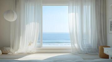 Modern interior showcases ocean view through window with flowing white sheer curtains. Pendant lamps and white windowsill complement coastal design, creating atmosphere with natural daylight. photo