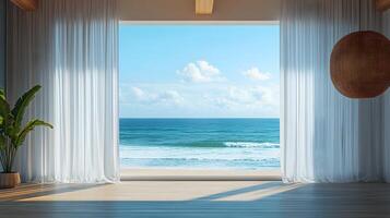 Modern interior showcases ocean view through window with flowing white sheer curtains. Pendant lamps and white windowsill complement coastal design, creating serene atmosphere with natural daylights. photo