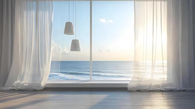 Modern interior showcases ocean view through window with flowing white sheer curtains. Pendant lamps and white windowsill complement coastal design, creating serene atmosphere with photo