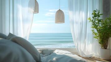 Modern interior showcases ocean view through window with flowing white sheer curtains. Pendant lamps and white windowsill complement coastal design, creating serene atmosphere with naturasl daylight. photo