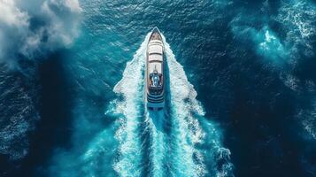 Ocean wake pattern stretches behind cruise ship in aerial view. Deep blue sea meets bright sky with white clouds, while turquoise foam trails create dynamic water movement on sunny day. foam photo