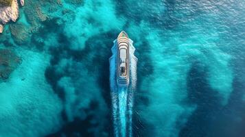 Ocean wake pattern stretches behind cruise ship in aerial view. Deep blue sea meets bright sky with white clouds, while turquoise foam trails create dynamic water movement on sunny day. turquoise photo