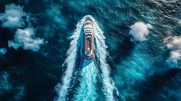 Ocean wake pattern stretches behind cruise ship in aerial view. Deep blue sea meets bright sky with white clouds, while turquoise foam trails create dynamic water movement on sunny day. dynamic photo