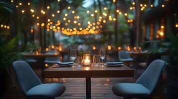Outdoor restaurant terrace features wooden dining tables and modern grey chairs, illuminated by string lights. Deck flooring and candlelight create warm evening ambiance for cozy patio atmosphere photo