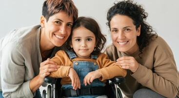 Diverse family bonding with smiling mothers and child in wheelchair for supportive lifestyle design photo