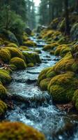 A stream running through a forest with mossy rocks photo