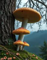 A group of mushrooms growing on a tree photo