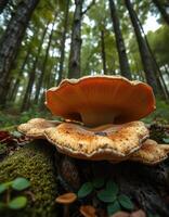 A mushroom on a tree stump in a forest photo