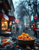 A bowl of food is sitting on the street photo