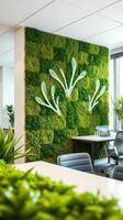 An office with a green wall and plants photo