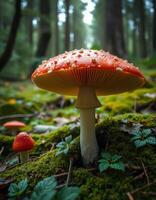 A red mushroom is sitting on the ground in the forest photo
