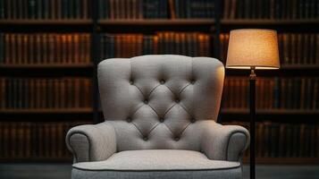 Comfortable armchair in a library with a warm lamp photo