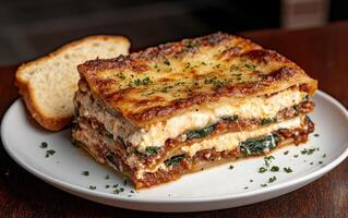 Delicious spinach and ricotta lasagna with a side of bread photo