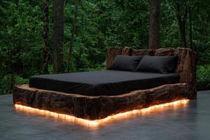 Rustic wooden bed frame with warm lighting in a forest setting photo