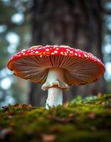 A red mushroom is sitting on the ground photo