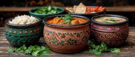 Indian food assortment in rustic bowls photo