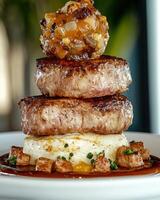 Delicious stacked meat dish with creamy mashed potatoes and rich gravy photo