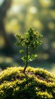 A small tree growing on top of a moss covered rock photo