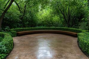 Serene curved bench in a lush green garden photo