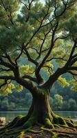A large tree with moss growing on it photo