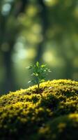 A small plant growing out of a mossy rock photo