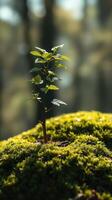A small plant growing on top of a mossy rock photo