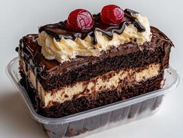 Delicious chocolate cake with cherries and whipped cream photo
