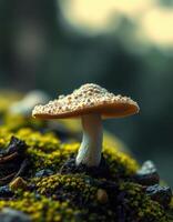 A mushroom is sitting on top of a moss covered rock photo