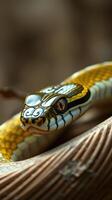 A close up of a snake with yellow and black stripes photo