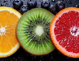 Close up of juicy orange, kiwi, and grapefruit slices with blueberries in the background photo