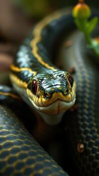 un cerca arriba de un serpiente con sus cabeza convertido a el lado foto