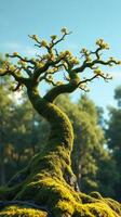 A mossy tree with a green base and a blue sky photo