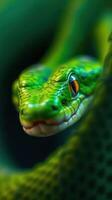 A close up of a green snake with its eyes open photo
