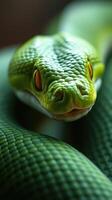 A close up of a green snake with its eyes open photo