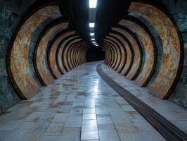 Abstract tunnel architecture with curved walls and tiled floor photo