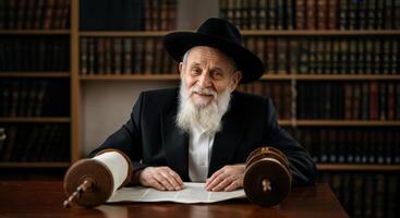 Elderly jewish male scholar engaged in religious study with torah scrolls in a traditional library setting photo