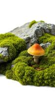 A small orange mushroom is sitting on top of a rock photo
