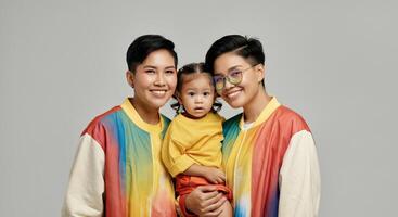 Smiling asian female couple with child in colorful outfits embracing diversity photo