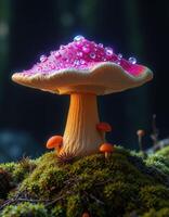 A pink mushroom with water droplets on it photo