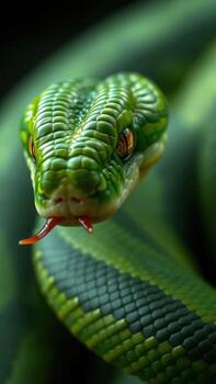 un verde serpiente con sus cabeza arriba y sus ojos abierto foto