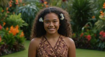 Young polynesian girl in vibrant tropical garden setting for cultural themes and seasonal concepts photo
