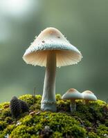 A group of mushrooms is standing on top of a mossy ground photo
