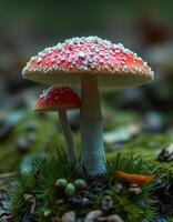 A close up of a mushroom with a red and white cap photo