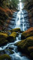 A waterfall flowing over mossy rocks photo