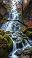 A waterfall is flowing down a rocky hillside photo