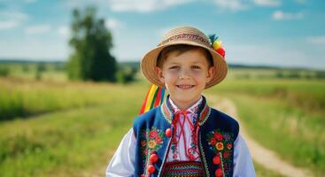 Young caucasian boy in traditional polish costume outdoors on a sunny day photo