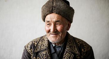 Elderly central asian man in traditional attire with fur hat and embroidered coat photo