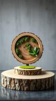 A wooden sculpture with moss on top photo