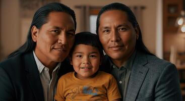 Native american family portrait with smiling young child in cozy home setting photo