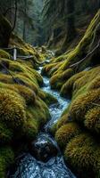 A stream running through a forest with moss photo